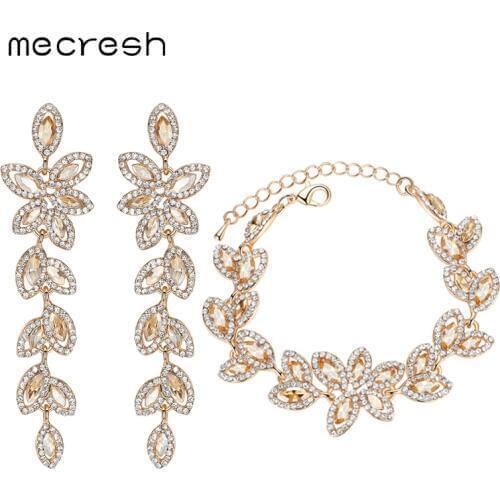 Mecresh Top Champagne Color Crystal Jewelry Sets Leaves Earrings Bracelets for Women Bridal Jewelry Sets SL046+EH282