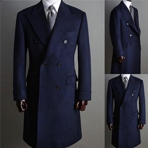 Navy Double Breasted Men Suits For Wedding Groom Tuxedos Custom Made Long Overcoat Coat Party Prom Blazer Only One Jacket 2021