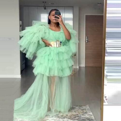 Mint Long See Through Ruffles Tulle Robes Maxi Photoshoot Fluffy Tiered Tulle Robe Formal Event Dress 2020