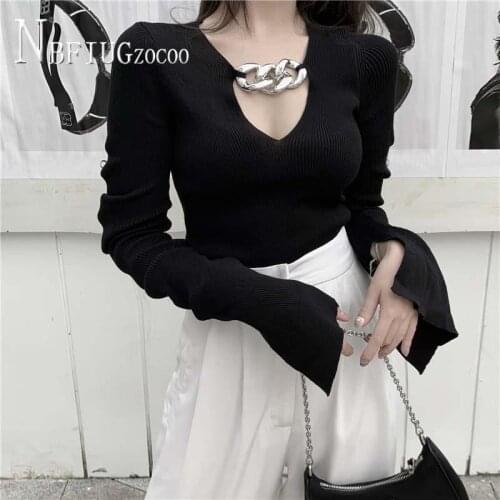 2020 New Korean Autumn Harajuku Women T Shirt V Neck Knitting Flare Sleeve Female Tee Shirts