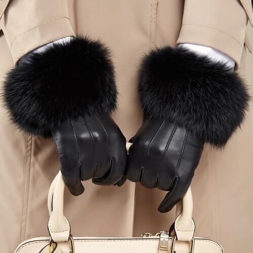New Womens Gloves Genuine Leather Winter Warm Fluff Woman Soft Female Rabbit Fur Lining Riveted Clasp High-quality Mittens