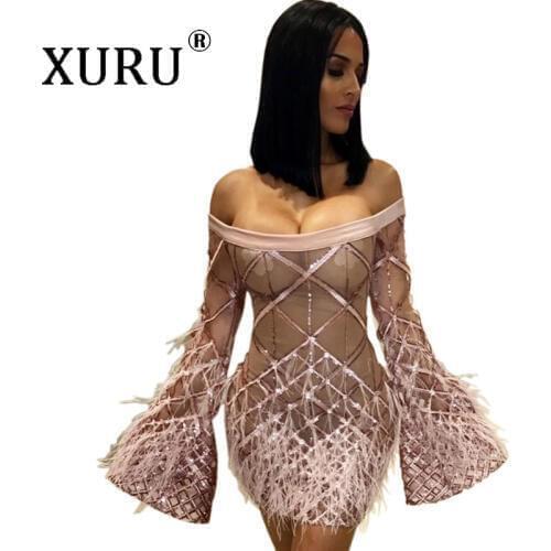 XURU autumn and winter new hot sexy dress plaid womens chicken hair sequin dress embroidered lace tight body hip dress
