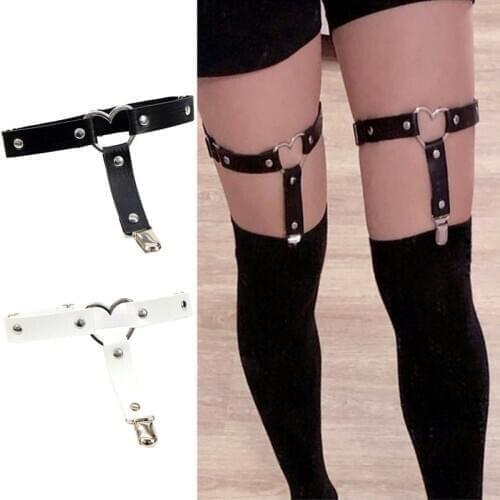 Women Gothic Punk Heart Ring Leg Garter Belt with Anti-Slip Metal Clip Elastic Adjustable Harness Harajuku Thigh Ring Bondage