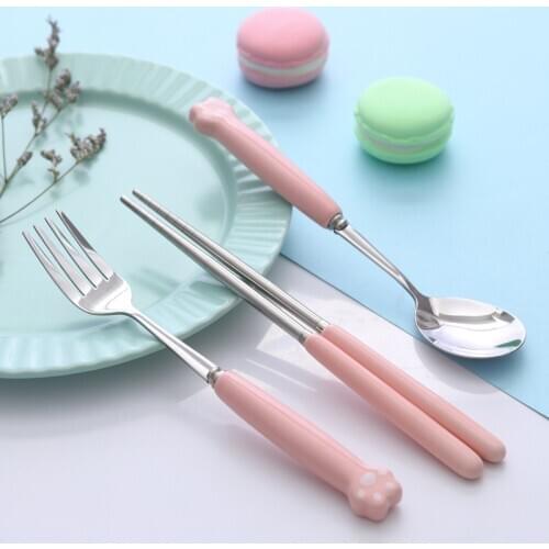 Cartoon Creative Cats Paw Tableware Set Ceramic Stainless Steel Tableware Chopsticks Spoon Fork Portable Tableware Set