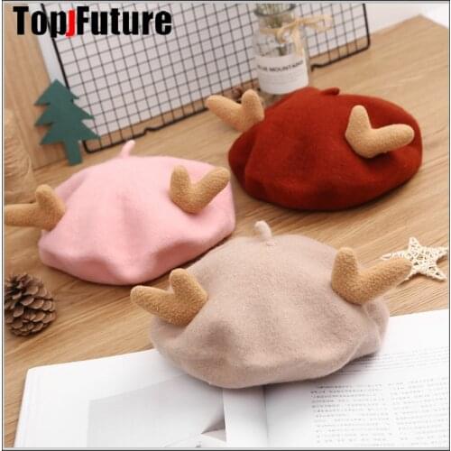 Christmas deer ear kid girl gift beret cute shape hat winter cap autumn Punk Beret Hat Solid Children Wholesale Beret ADULT HAT
