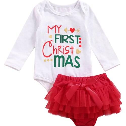 2 Pcs Newborn Christmas Outfits, Toddler Letter Print Long Sleeve Round Neck Playsuit + Tulle Skirt with Bow