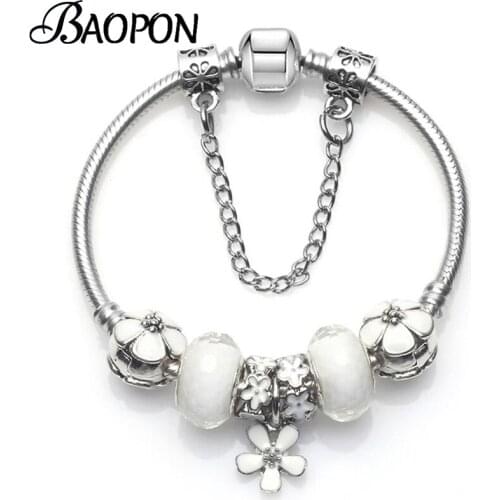 Silver Color Flower Pendant Beads Charm Bracelets With Snake Chain Bracelets Bangle for Women Friend Christmas DIY Jewelry Gift