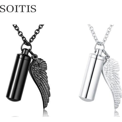 SOITIS Black Sliver Color Vial Keepsake 316L Stainless Steel Men Women Keychain Angel Wing Pendant Urn Necklace Ashes Jewelry