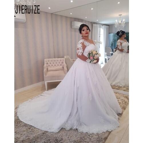 JIERUIZE Plus Size Wedding Gowns Scoop Neck Long Sleeve Lace Up Appliqued With Beads Long Bridal Ball Gown Custom Robe De Mariee