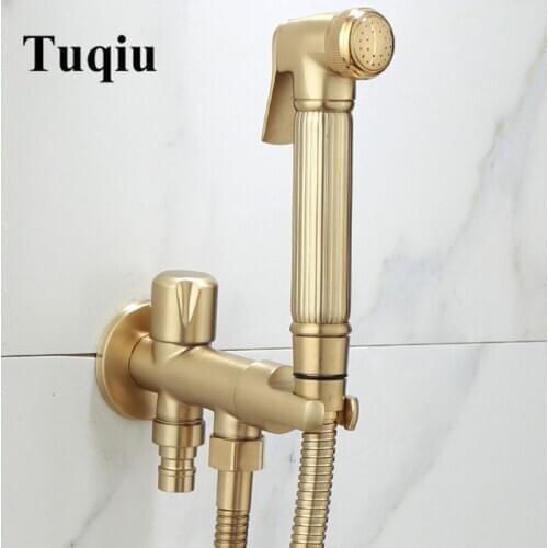 Tuqiu Hand Held Bidet Sprayer Douche Toilet Kit Brush gold Shattaf 304 SUS Copper Valve Set Jet Bidet Faucet Set