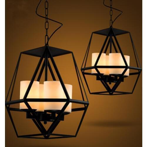 Vintage Retro Loft Industrial Black Painted Wrought Iron Bird Cage Shape Chain Pendant Light with Marble Candlestick Lightings