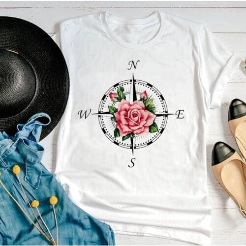 Women Graphic Cartoon Floral Flower Travel Holiday Fashion Short Sleeve Summer Print Female Clothes Tops Tees Tshirt T-Shirt