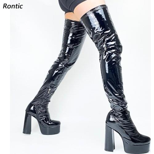 Rontic New Handmade Women Spring Thigh Boots Flexible Waterproof Chunky Heels Round Toe Men Black Cosplay Shoes Size 34 45 47