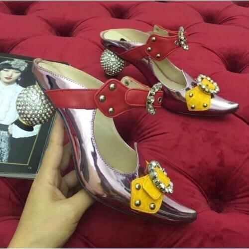 Glitter Crystal Round Ball Heel Woman Slides Pointed Toe Strass Buckle Belt Women Slipper Patent Leather Out Door Women Mules