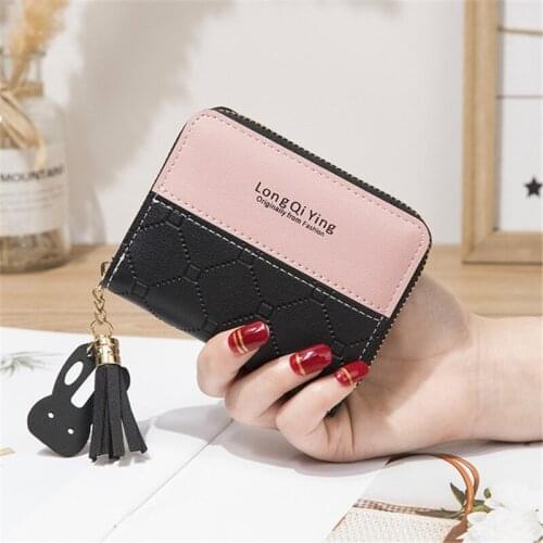 Women Short Color Contrast Splicing Wallet Female Cute Leather Tassel Zipper Coin Purses Ladies Card Holder Small Clutch Bag