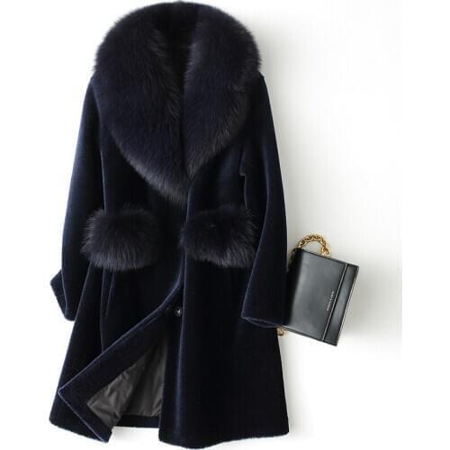 Real Fur Coat Women Hooded Winter Jacket Fox Fur Collar Plus Size Sheep Shearing 100% Wool Fur Coats Abrigo Mujer XESD1811 J5652