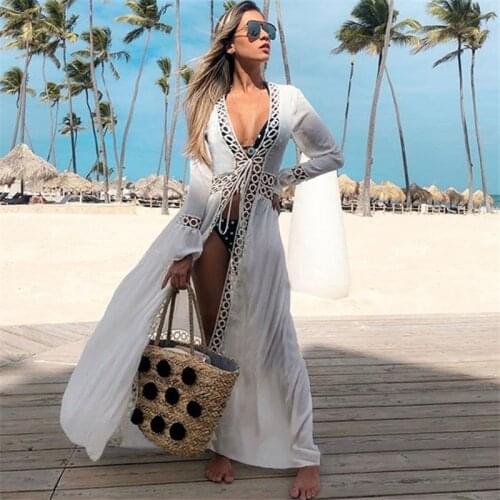 2021 Crochet White Knitted Beach Cover Up Dress Tunic Long Pareos Bikinis Cover-Ups Beach Bathrobe Robe Plage Beachwear AA5728