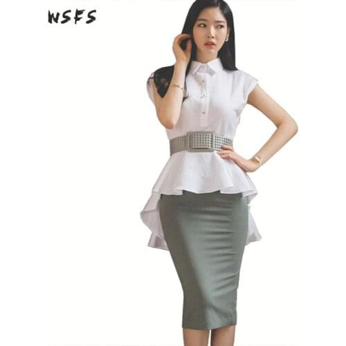 2 Piece Summer White Shirt Asymmetrical Ruffles Tops Blouses Grey Pencil Midi Wrap Skirts Elegant Office Ladies Party Womens Set