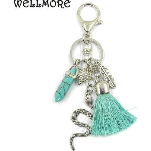 WELLMORE 2017 snake,Natural stone, feather,tassel, alloy Key Chain For Women Girl Bag Keychain