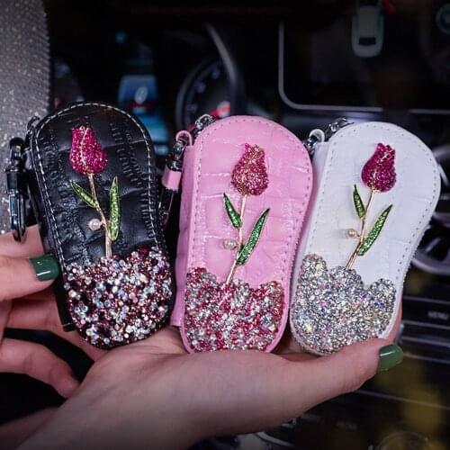 Flower Car Key Holder Storage Case Crystal Diamond Keychains Key Cover Remote Key Bag For Interior Accessories