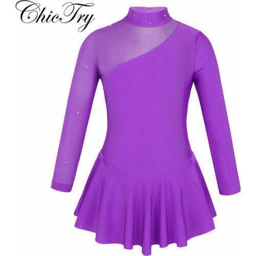 Kid Girls Children Long Sleeves Mock Neck Tulle Splice Cutouts Back Figure Ice Skating Roller Skating Ballet Dance Leotard Dress