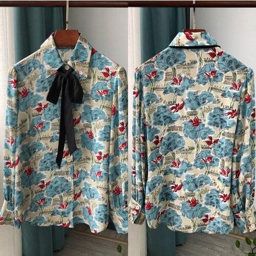 Elfstyle High-end Female 100% Silk Long Sleeve Lapel Blouse Shirt With Removable Ribbon Ties