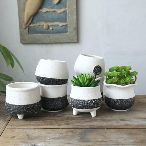 Ceramic flower pot spray-painted snowflake glaze black white breathable process simple potted plants with multi-meat flower pots