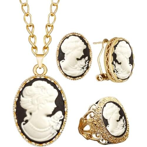 6 Colors Lady Queen Cameo Necklace Earring Ring Sets For Women Gold Color Pink Blue Gray Fashion Flower Cameo Jewelry Set