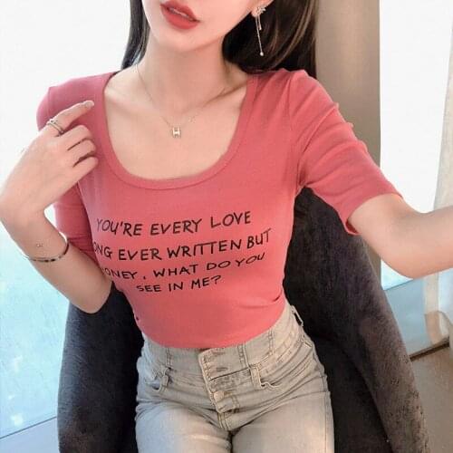 Summer 2021 Cotton T Shirt Women Letter Print Short Sleeve Plus Size Casual Tees Slim Fit Female Tshirts Harajuku Streetwear 222