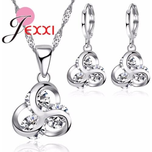 Unique Design CZ Crystal Triangle Pendant Jewelry Set 925 Sterling Silver Women Necklace & Hoop Earrings Set