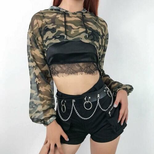 2021Newest Women Camouflage Sunscreen Beach Cover Up Women Sexy Hooded Long-Sleeved Bikini Cover Up Mesh Top Outfits for Summer