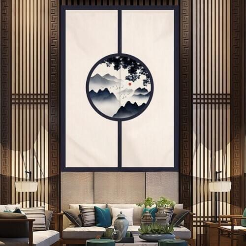 New Chinese Landscape Flower Bird Door Curtain Bedroom Bathroom Decorative Curtain Kitchen Feng Shui Curtain Noren