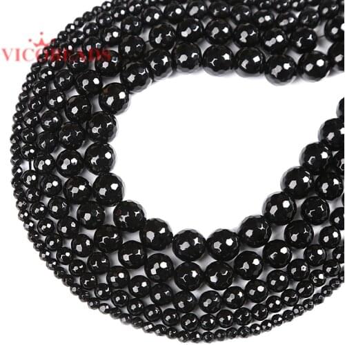 Natural Stone small Faceted Black Onyx Agates Round Loose Beads 15" Strand 4 6 8 10 12MM Pick Size For Jewelry