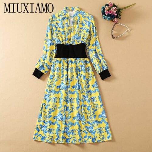 MIUXIMAO 2020 Fall Dress Women Party Dress Blue and white Porcelain Long Sleeve Office Lady Casual Dress Women Vestidos