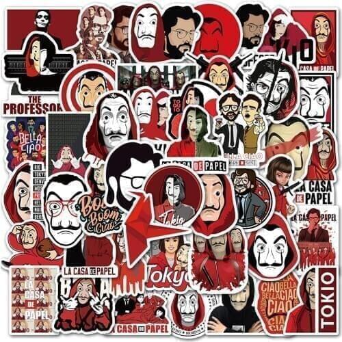 50pcs Money Heist House of Paper stickers Waterproof DIY Guitar Laptop PS4 Skateboard Luggage Phone Graffiti Sticker Kids Toys