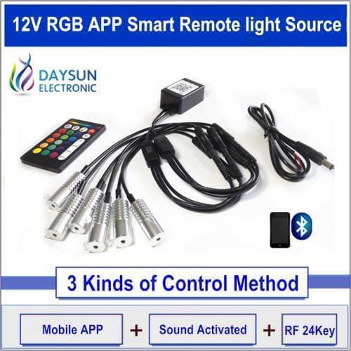 12V RGB Smart Light Source for Side Glow Optic Fiber Cable Mobile APP Control RF Remote 2W Light Source for Car Atmosphere Light