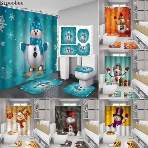 Bipoobee Funny Snowman 3d Shower Curtains Merry Christmas Multicolor Bathroom Curtain and Rug Sets Anti Slip Mat Toilet Cover