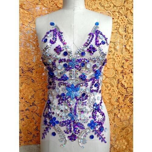 ZBROH Pure hand made sew on Rhinestones applique purple/clear AB colour crystals patches 50*32cm DIY dress accessory