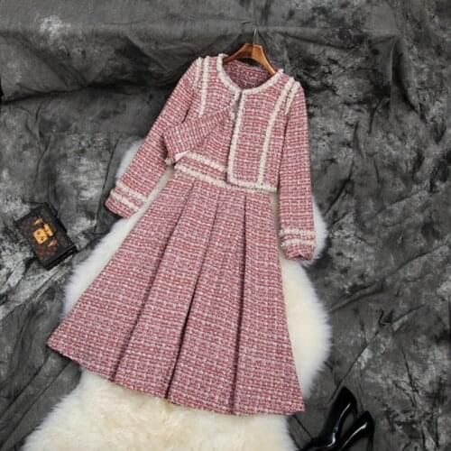 2021 High Quality Tweed Runway Suits Two Piece Set Women Long Sleeve Plaid Jacket Coat+Sleeveless Vest Dress 2 Piece Set S-XL