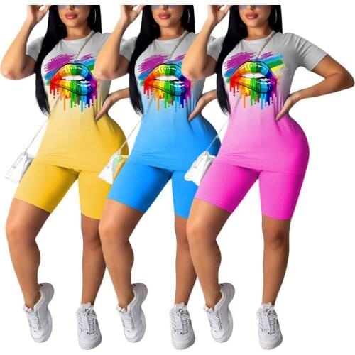 2020 Summer Women Two Piece Set Top and Biker Shorts Lounge Wear Outfits Matching Sets Tracksuit Gradient Lips Print Plus Size