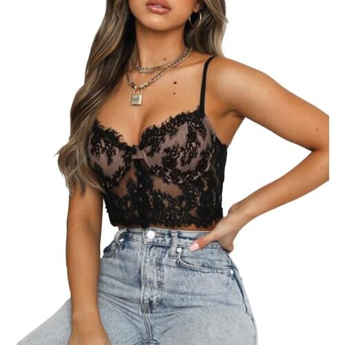 Womens Sexy Perspective Lace Bra Fashion Solid Color Backless Suspender Body Shaping Cami T-shirts