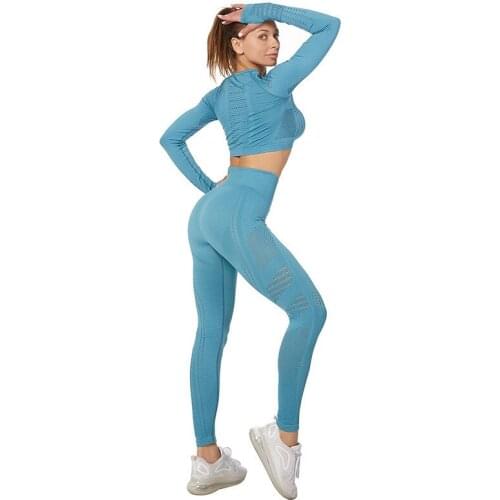 Womens Tracksuit Yoga Gym Sets Workout Clothes Fitness Running Sportwear Women Long Sleeve High Waist Mesh Leggings Shirt Suit