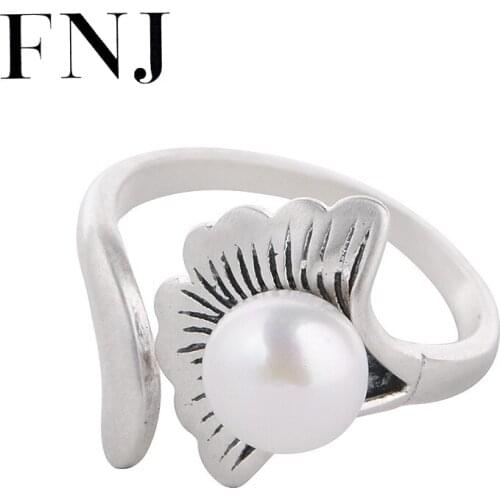 FNJ Leaf Freshwater Pearl Ring 925 Silver New Original S925 Sterling Silver Rings for Women Jewelry Adjustable size