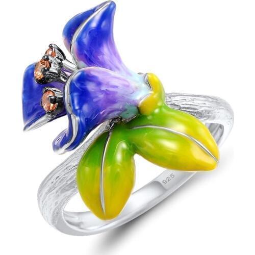 Creative Exaggerated Morning Glory Flower Silver Rings for Women Blue Enamel Champagne Zircon Inlaid Wedding Banquet Jewelry