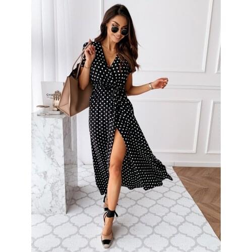 Womens Maxi Dress 2020 New Summer Sexy Ladies Short Sleeve Polka Dot Black Dreeses Split Vestidos Femela Casual Beach Dress