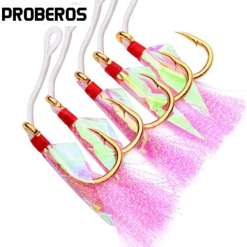 20pcs/lot Saltwater Fishing Hooks with Pink Feather 1/0-9/0 JIGGING HOOKS Gold and Black 2 Colors Stainless Steel Fishing Hooks