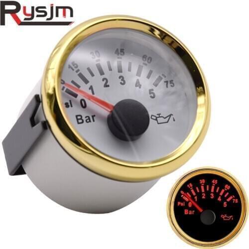 52mm Oil Pressure Gauges 0-5Bar Waterproof Pointer Oil Press Meters for Auto Truck Boat Marine Outboard Vessel Yacht Red light