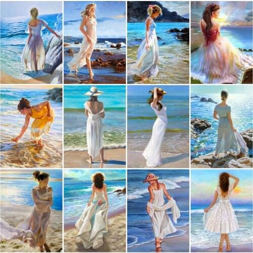 AZQSD Diamond Painting Woman Seaside Cross Stitch Needlework 5D Diamond Embroidery Portrait Mosaic Rhinestones Home Decor