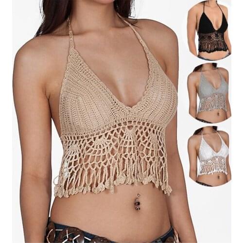 Kuelawear Fishing Net Hollow Bikini Womens Knitting Beach Swimsuit Womens Underwear Bra Ladies Off Shoulder Sleeveless Tank Tops