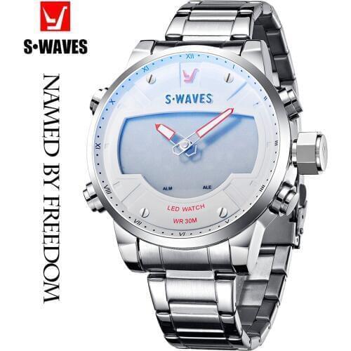 SWAVES Analog Digital Watches Mens 2019 Luxury Silver White Watch Men Waterproof Stainless Steel Military Fashion Reloj Hombre